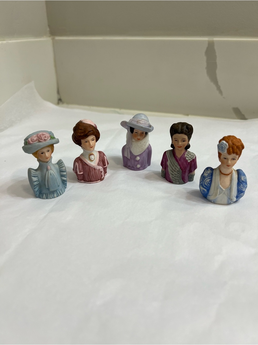 Avon Porcelain Lady Head Figurine Thimbles in Pastel Blue, Pink, Lavender
